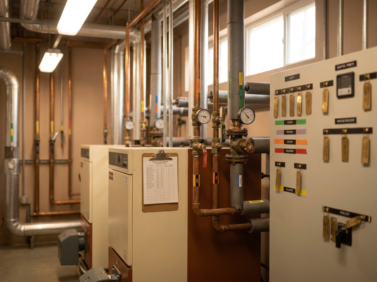 A tidy, well-maintained commercial building plant room and services