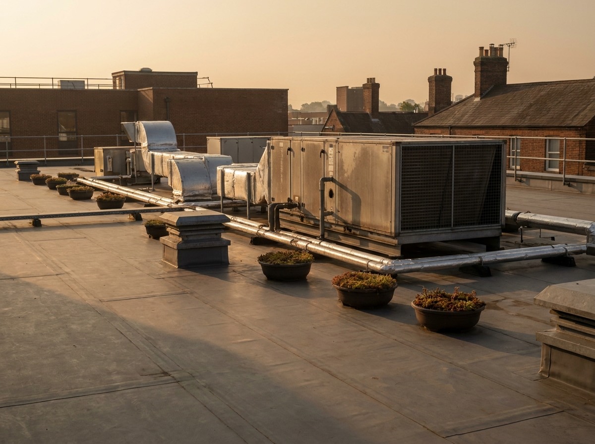 A commercial building flat roof with tidy plant and services in warm light