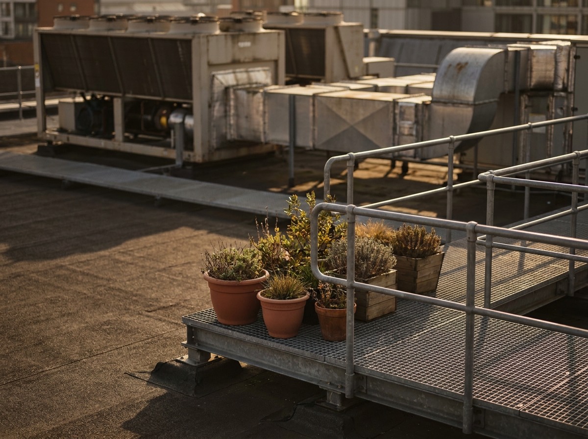 Rooftop plant on a commercial building with an access walkway in warm light