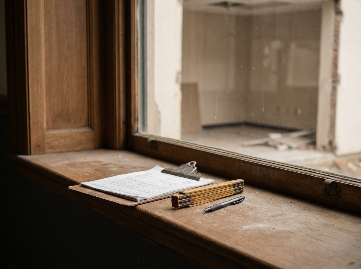 A surveyor’s clipboard and pen on the windowsill of a vacated commercial office