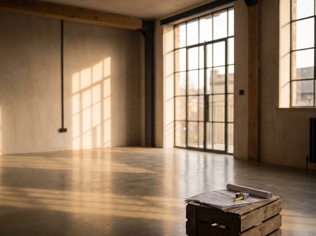 Empty commercial unit at lease handover with rolled plans and a tape measure in warm daylight
