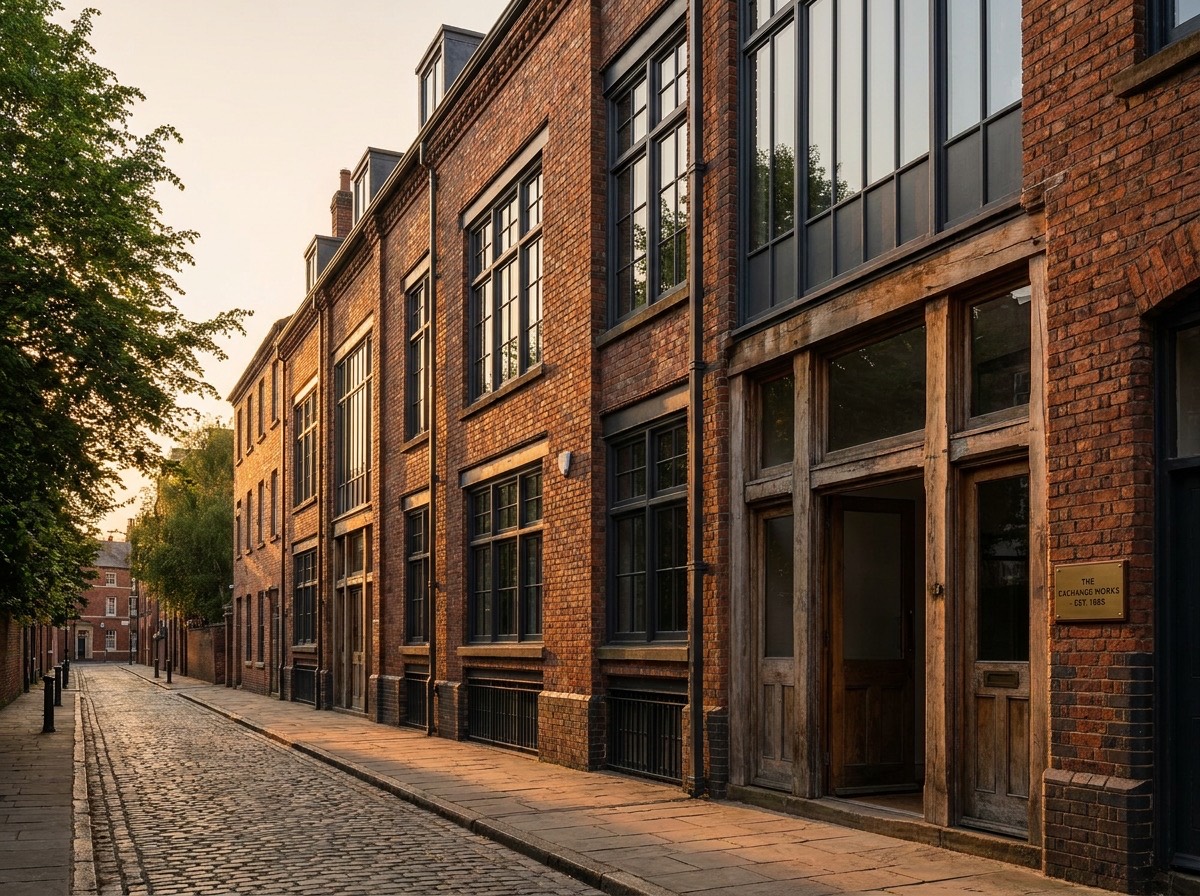 Handsome UK commercial building exterior at golden hour