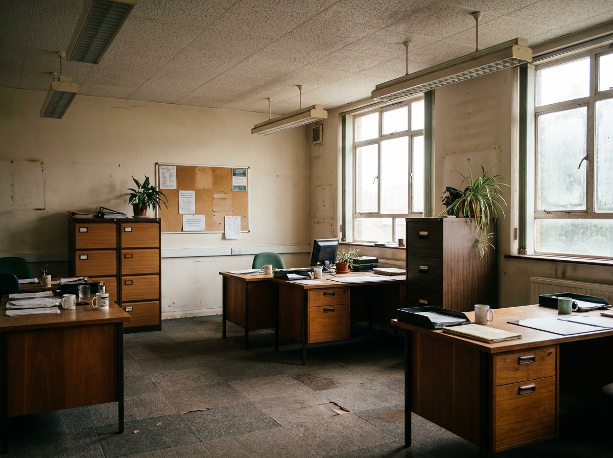 Tidy but tired commercial office interior mid-occupation in warm light
