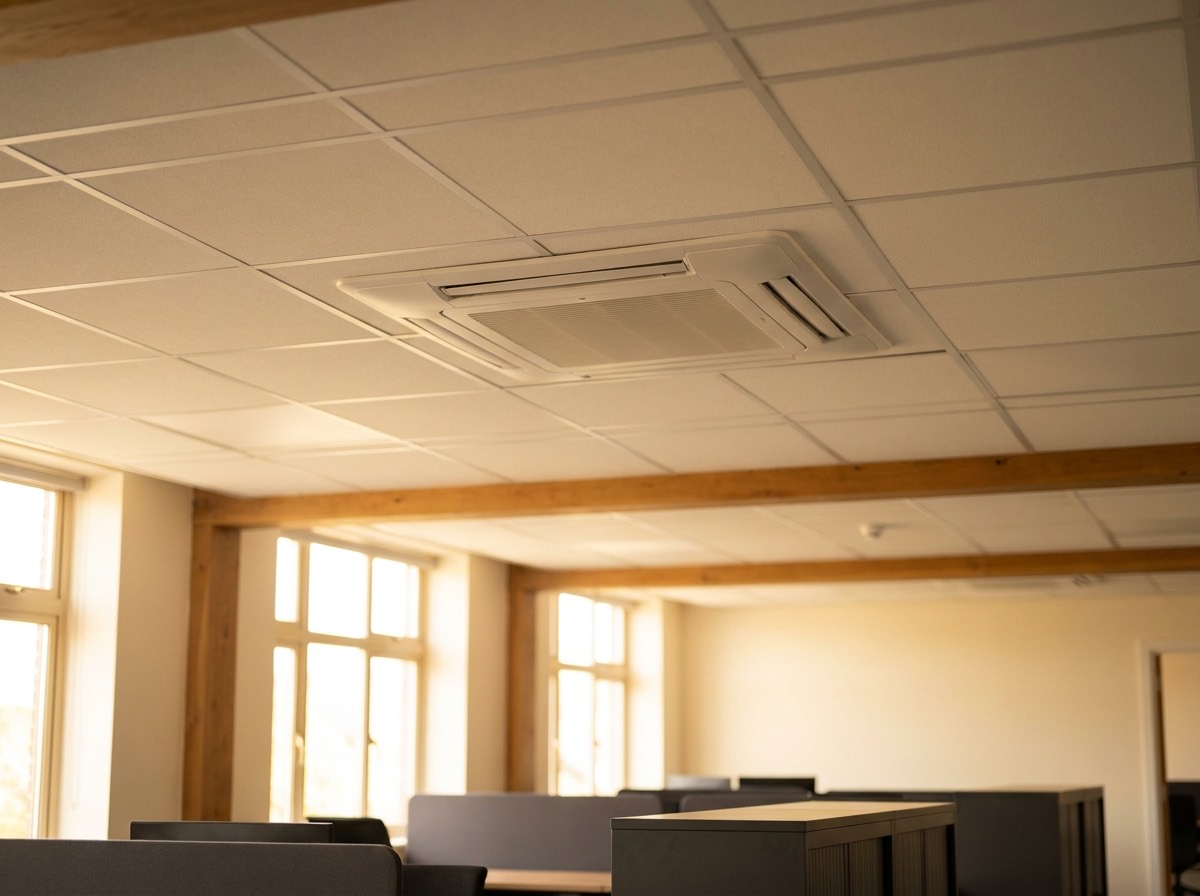 A ceiling-mounted air conditioning cassette unit in a modern office