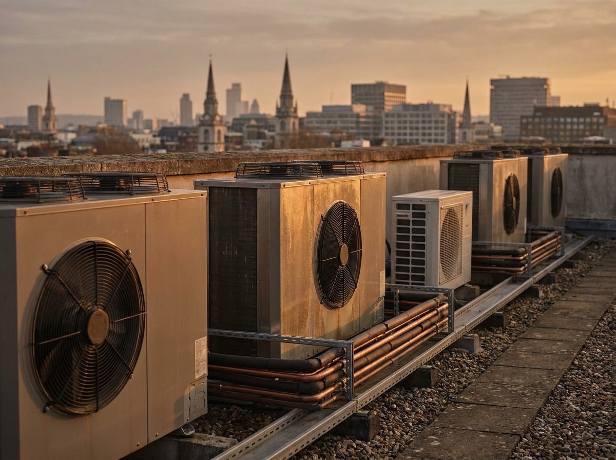 A row of outdoor air conditioning units on a commercial building roof in warm light