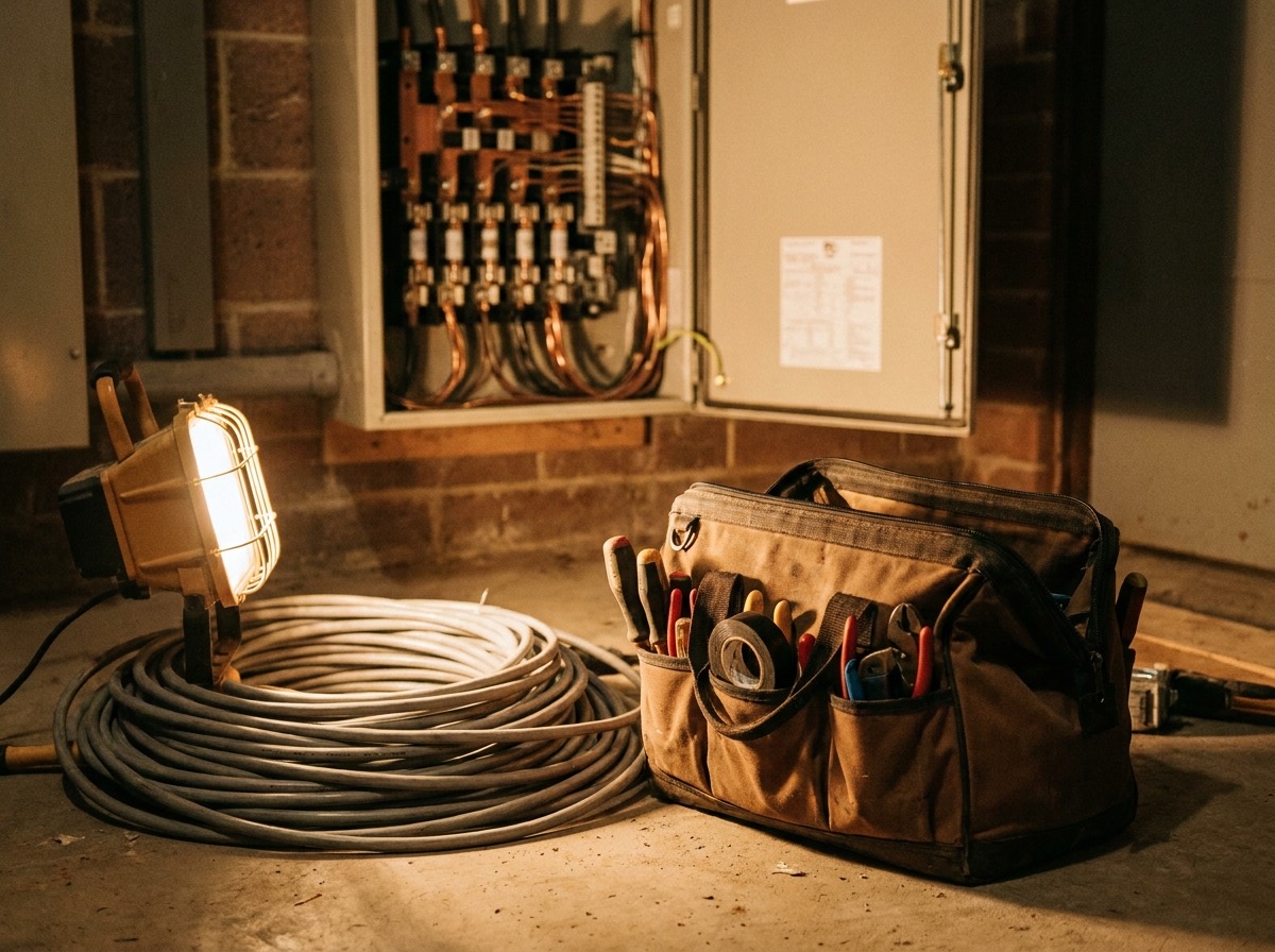 An electrician’s tool bag and cable beside an open distribution board