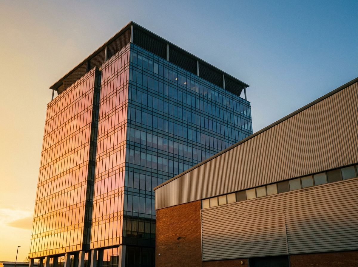 A large modern multi-let office tower and adjoining warehouse on a UK business district skyline at golden hour