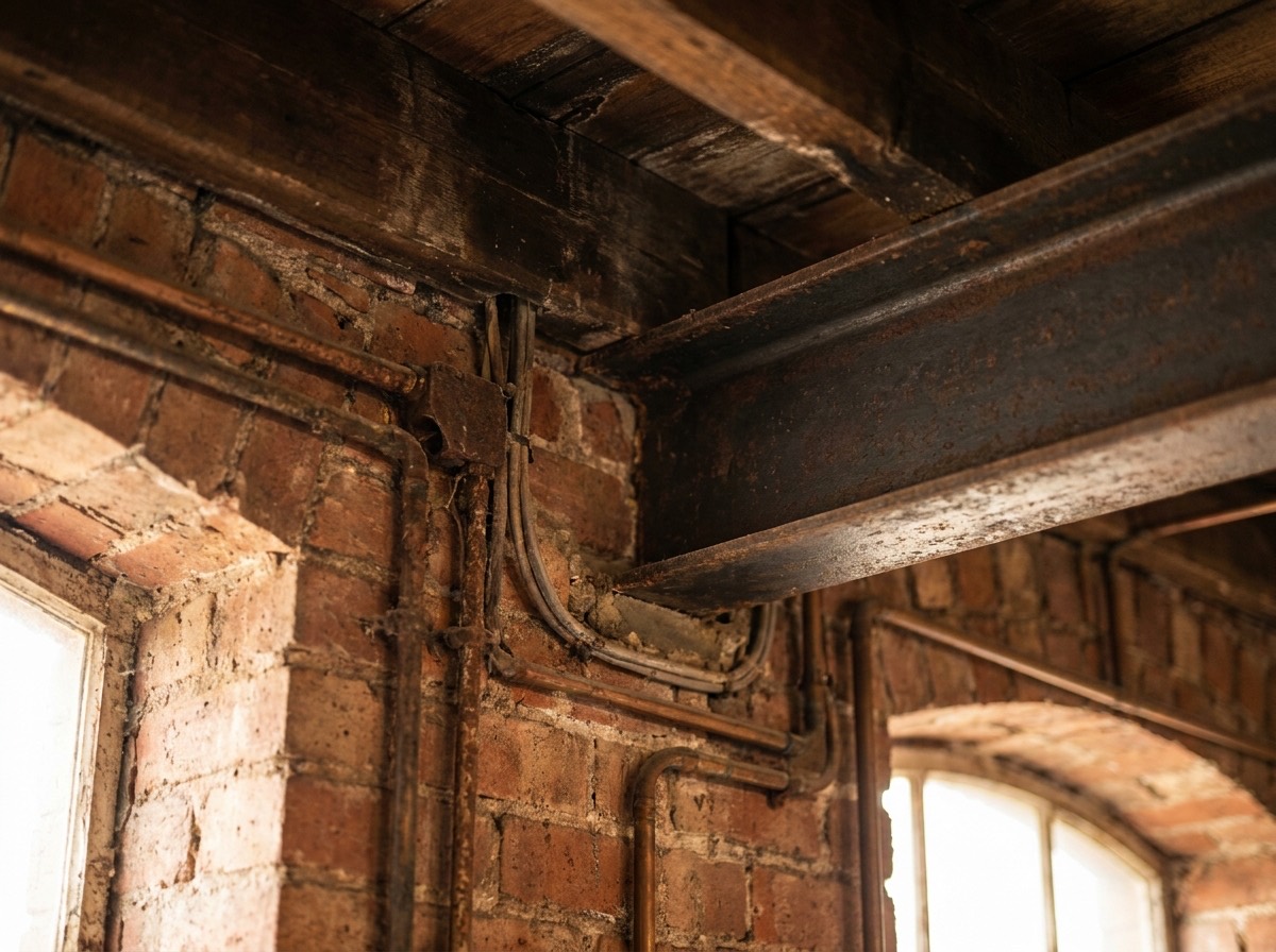 Exposed steel beams, brick and building services inside a commercial building
