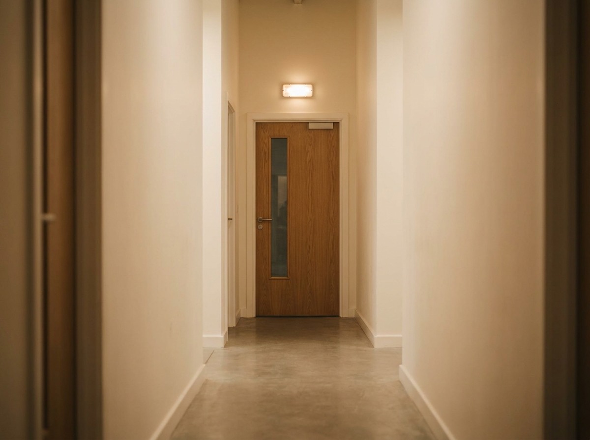 An escape-route corridor with an emergency light fitting above a fire door