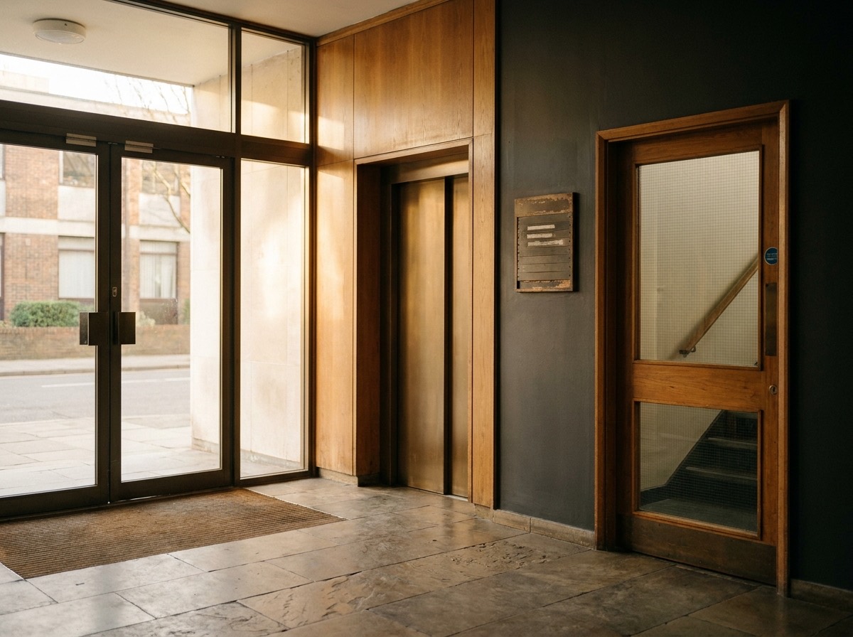 The entrance lobby of a multi-let commercial office building with a lift and stair door
