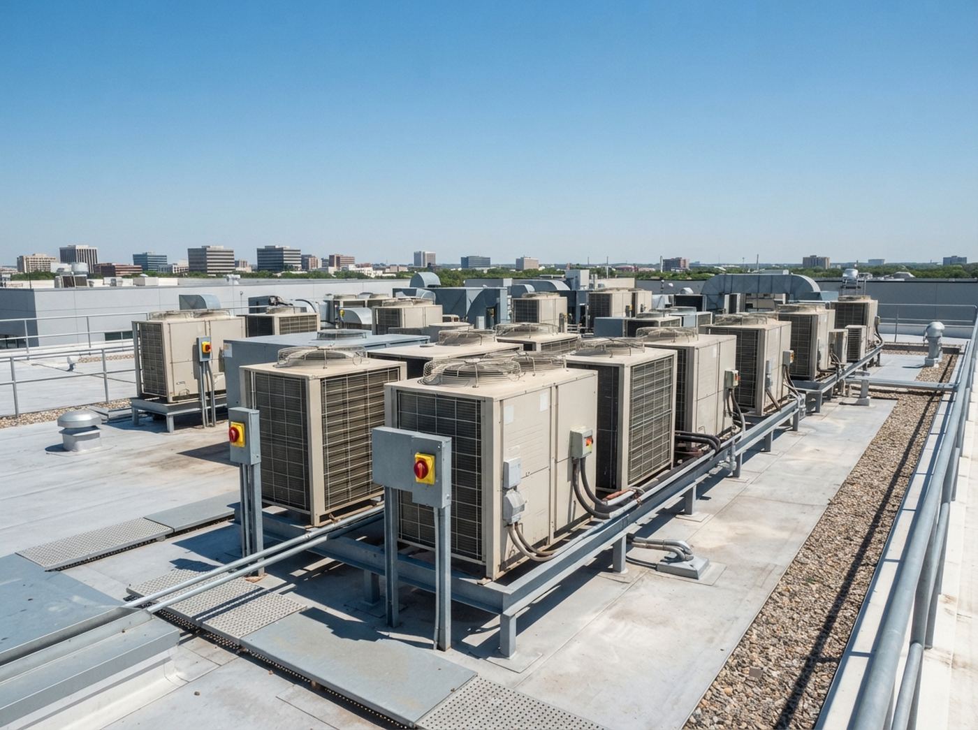 Rooftop air-conditioning condenser units on a commercial building in bright daylight