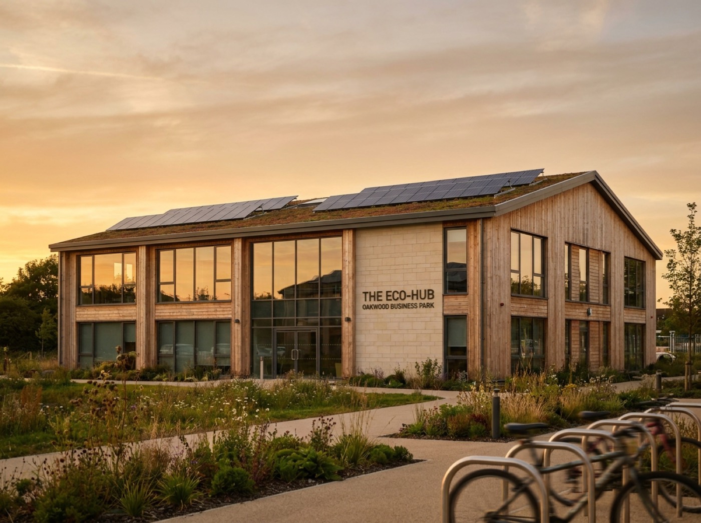 Modern energy-efficient UK commercial building with good glazing and rooftop solar at golden hour