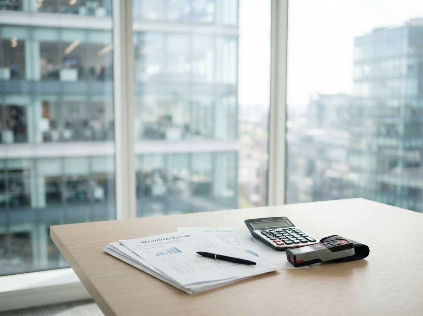 A valuation report, floor plans and a laser measure on a boardroom table in front of a window overlooking an office building