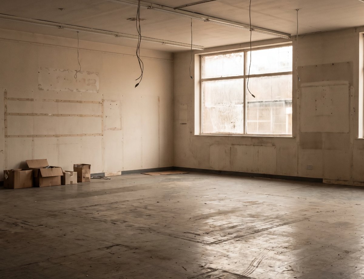 Vacated commercial unit at end of lease showing wear