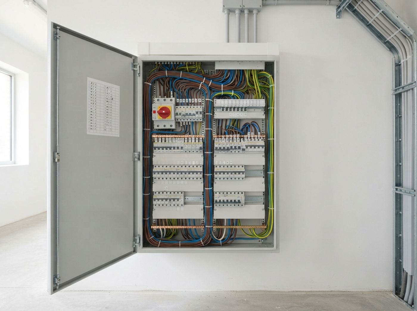 A tidy commercial electrical distribution board with neatly arranged circuit breakers