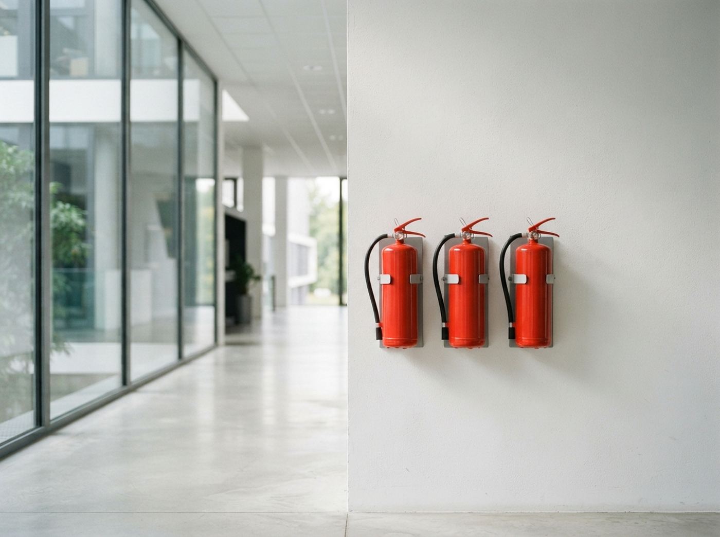 A row of red fire extinguishers mounted on a wall in a commercial building