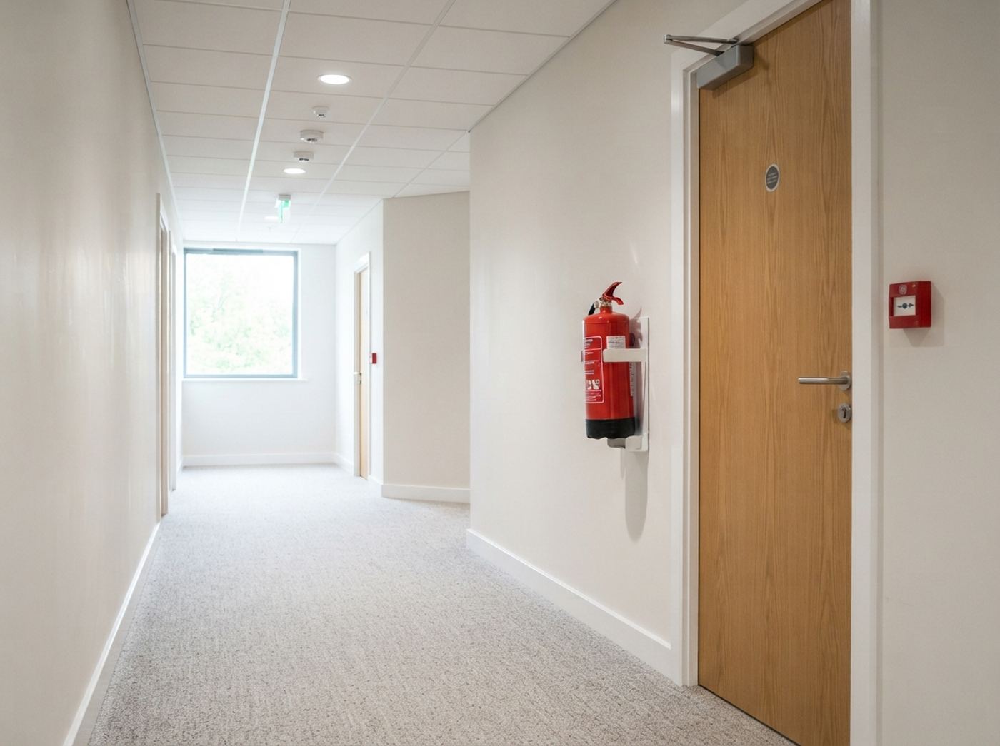 A commercial office corridor with a fire extinguisher, fire door and alarm call point