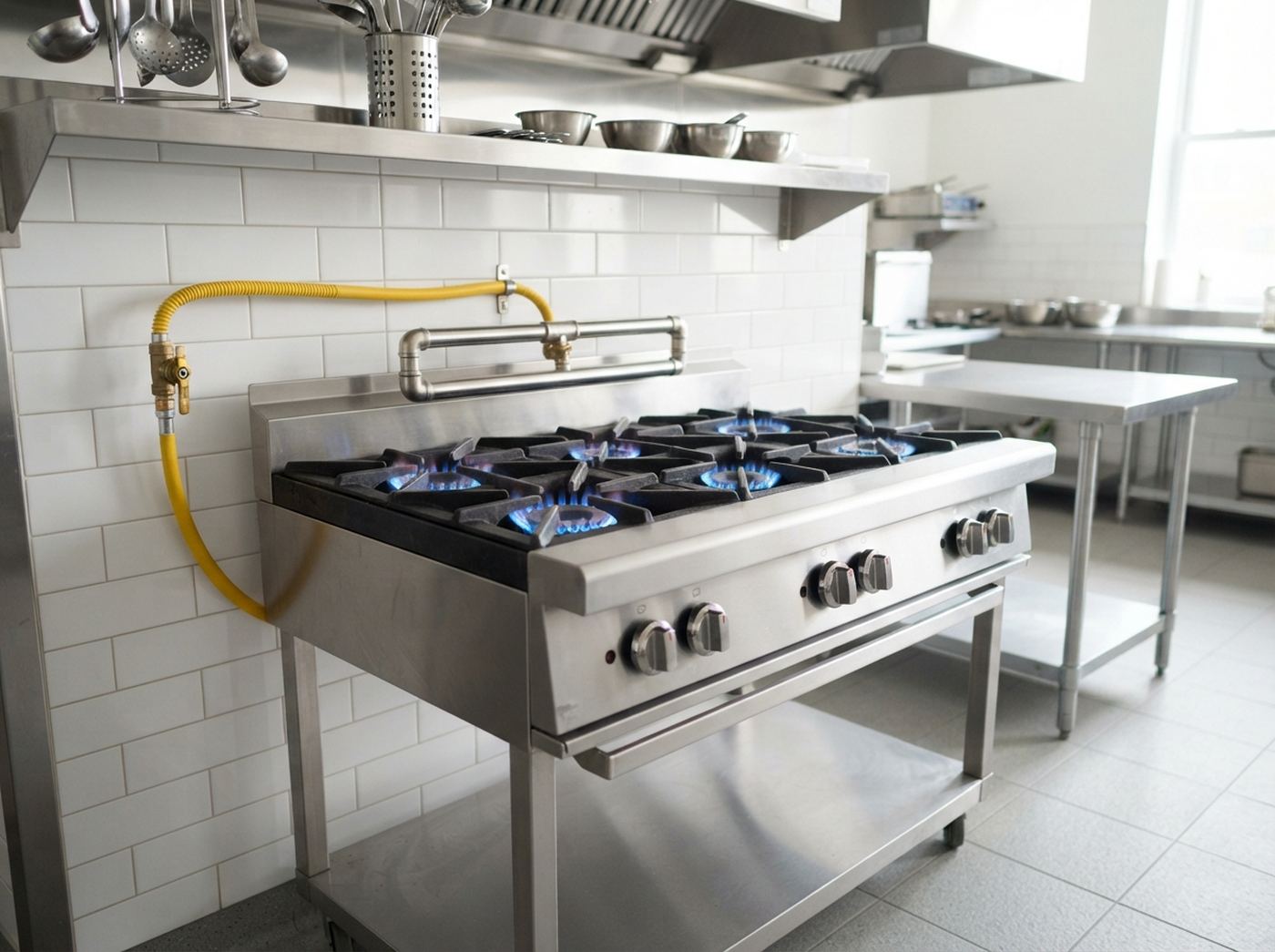 A commercial kitchen gas range with burners lit and the gas hose and isolation valve behind