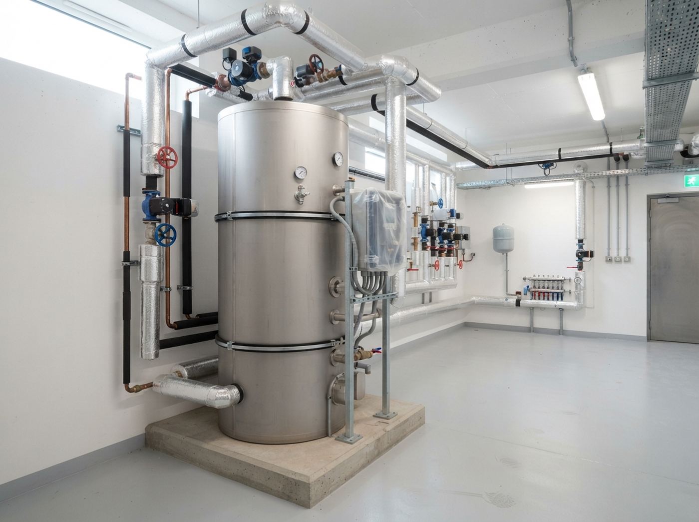 A commercial plant room with a hot-water calorifier and insulated pipework