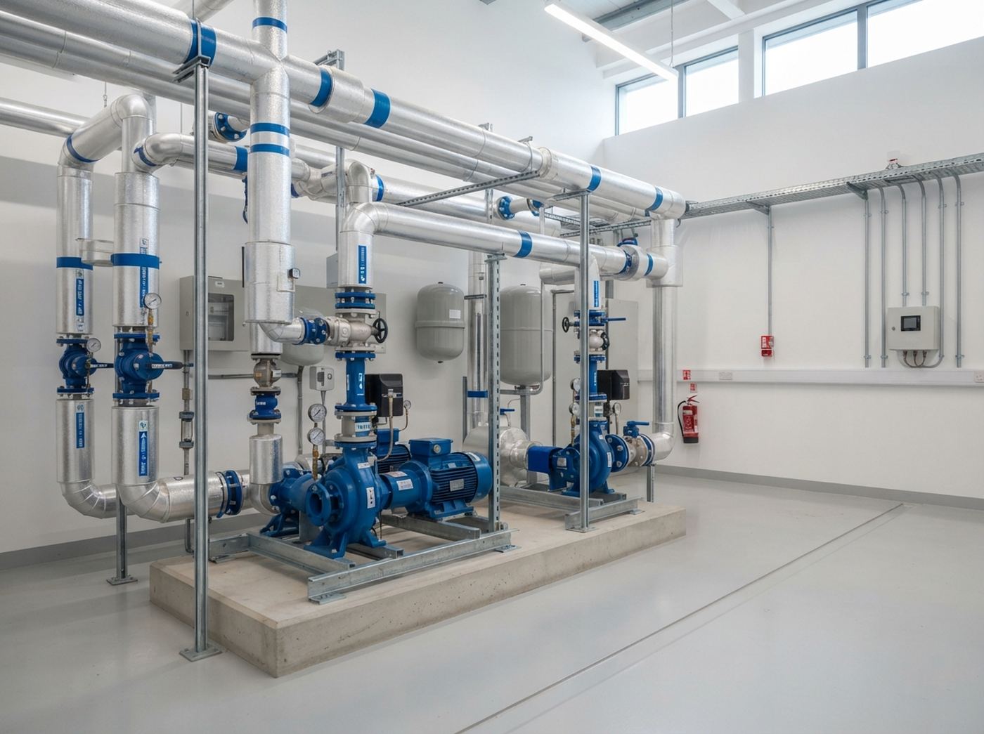 A well-kept commercial building plant room with labelled pipework and services