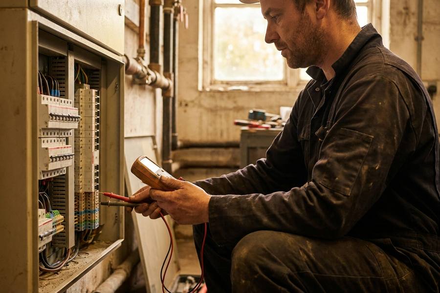 An electrical inspector testing a commercial distribution board with a handheld instrument