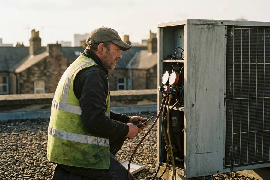 An engineer servicing an air conditioning unit on a commercial rooftop
