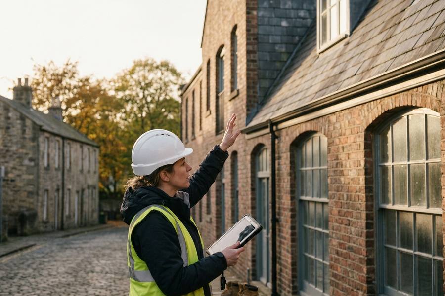 A building surveyor with a tablet inspecting the exterior of a commercial building
